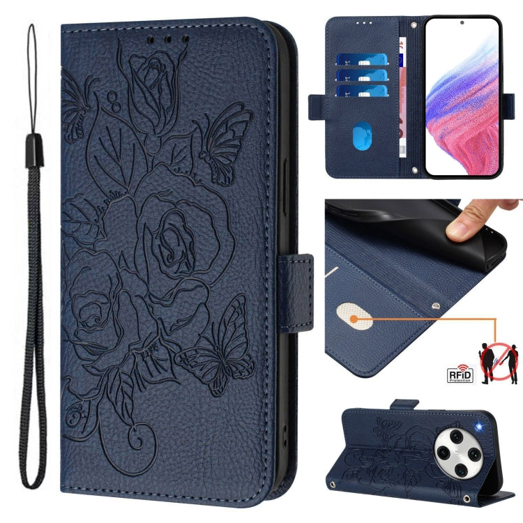 Dark blue leather phone wallet case, embossed floral, RFID slots, stand view with phone