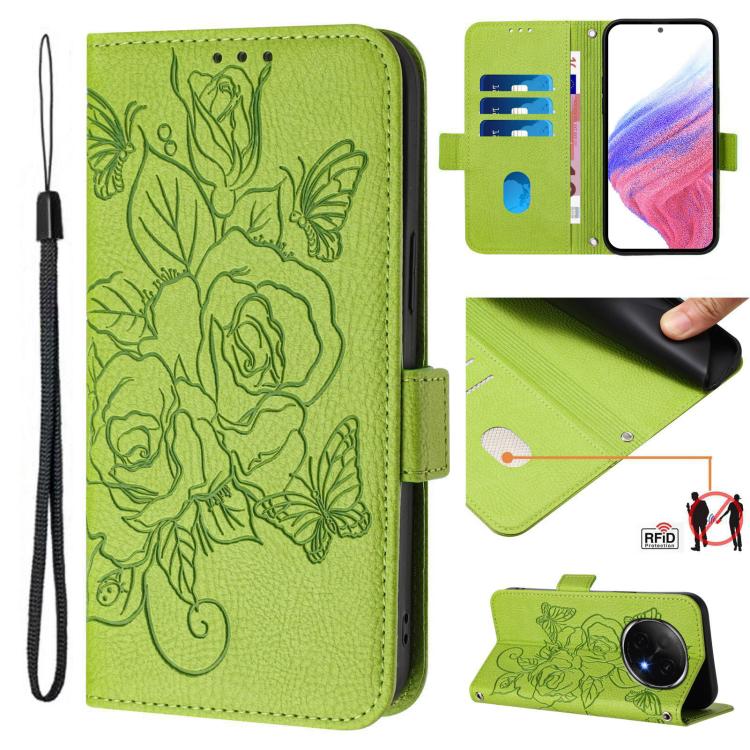 Light green embossed rose RFID leather wallet phone case with wrist strap and card slots