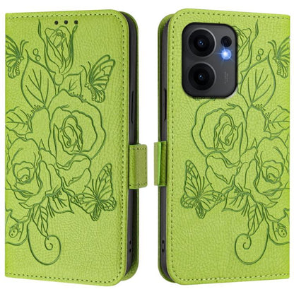 Green embossed floral folio phone case, front and back close-up view.