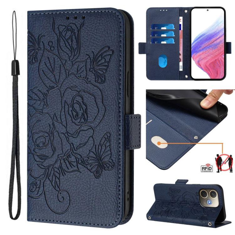 Navy embossed rose RFID leather wallet phone case with wrist strap and card slots