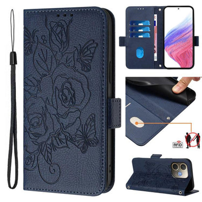 Navy embossed rose RFID leather wallet phone case with wrist strap and card slots