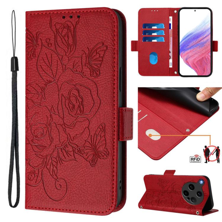 Embossed rose RFID leather folio phone case in red, wrist strap and card slots