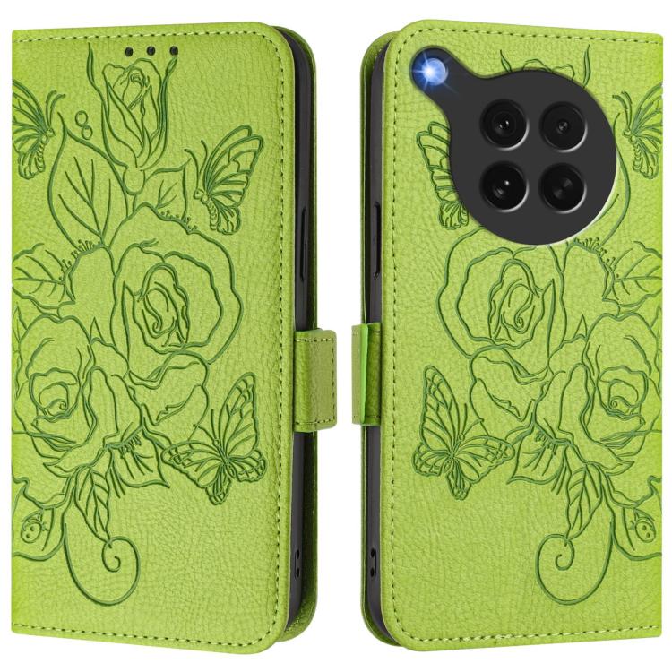 Green embossed rose leather phone case, front view with camera cutout and flip strap