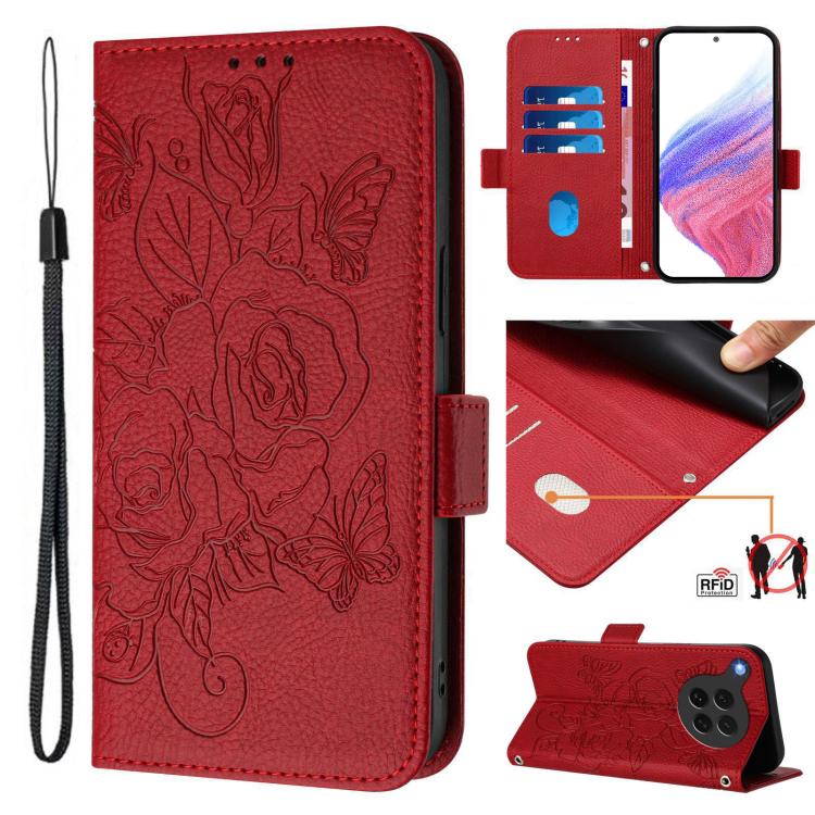 Red embossed rose leather phone case with wrist strap, flip cover, and card cutouts