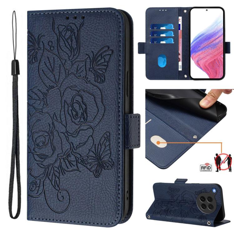 Embossed rose RFID leather folio phone case in dark blue, wrist strap and card slots