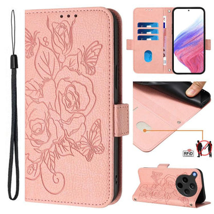 Pink embossed rose RFID folio phone case with wrist strap and card slots