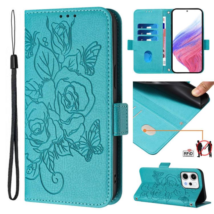 Embossed rose RFID anti-theft leather phone case, teal blue color