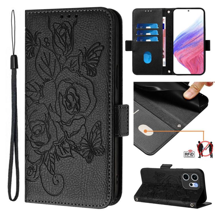 Black embossed leather folio phone case with RFID, floral pattern, wrist strap, stand
