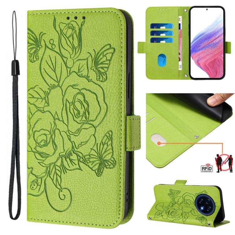 Green embossed floral leather phone wallet case with wrist strap and RFID blocking