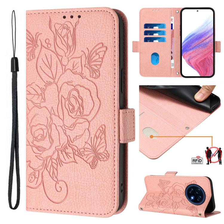 Light pink embossed floral leather phone wallet case with wrist strap and RFID blocking