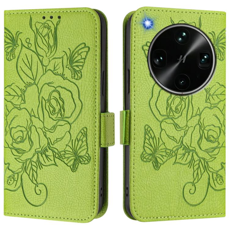 Green embossed floral RFID phone wallet case with magnetic flap.