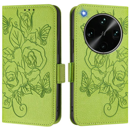 Green embossed floral RFID phone wallet case with magnetic flap.