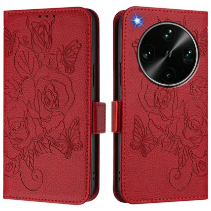 Red embossed floral RFID phone wallet case with magnetic flap.