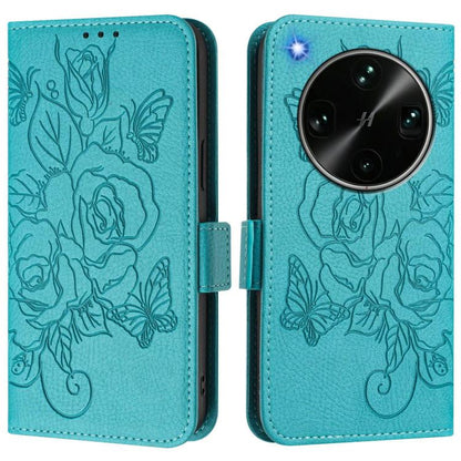 Light blue embossed floral RFID phone wallet case with magnetic flap.