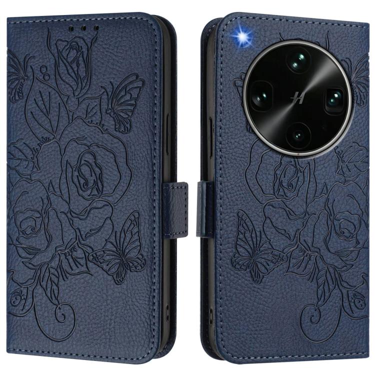 Dark blue embossed floral RFID phone wallet case with magnetic flap.