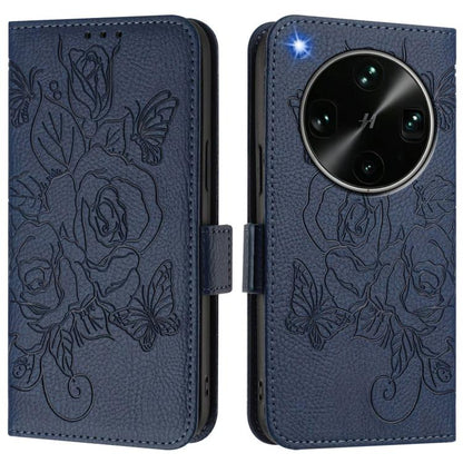 Dark blue embossed floral RFID phone wallet case with magnetic flap.