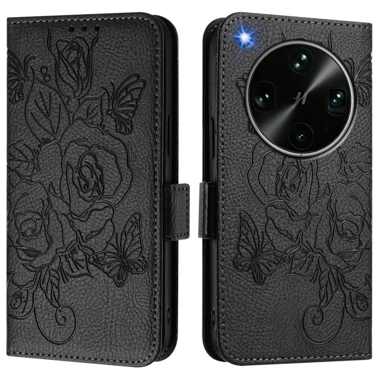 Black embossed floral RFID phone wallet case with magnetic flap.