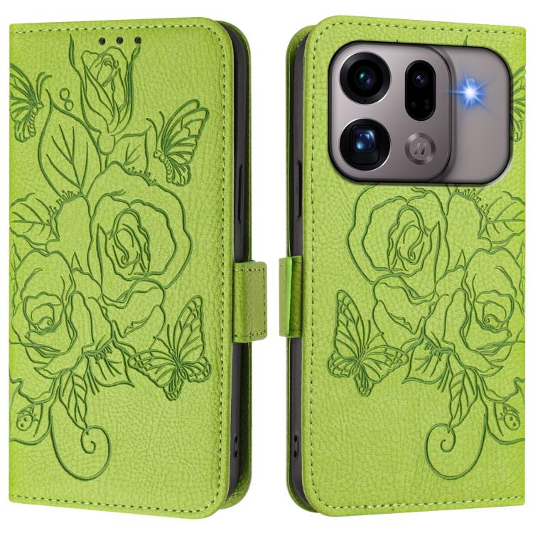 RFID leather phone case with embossed rose design, bright lime green flip cover