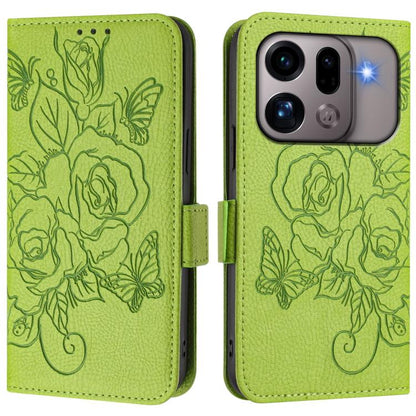 RFID leather phone case with embossed rose design, bright lime green flip cover