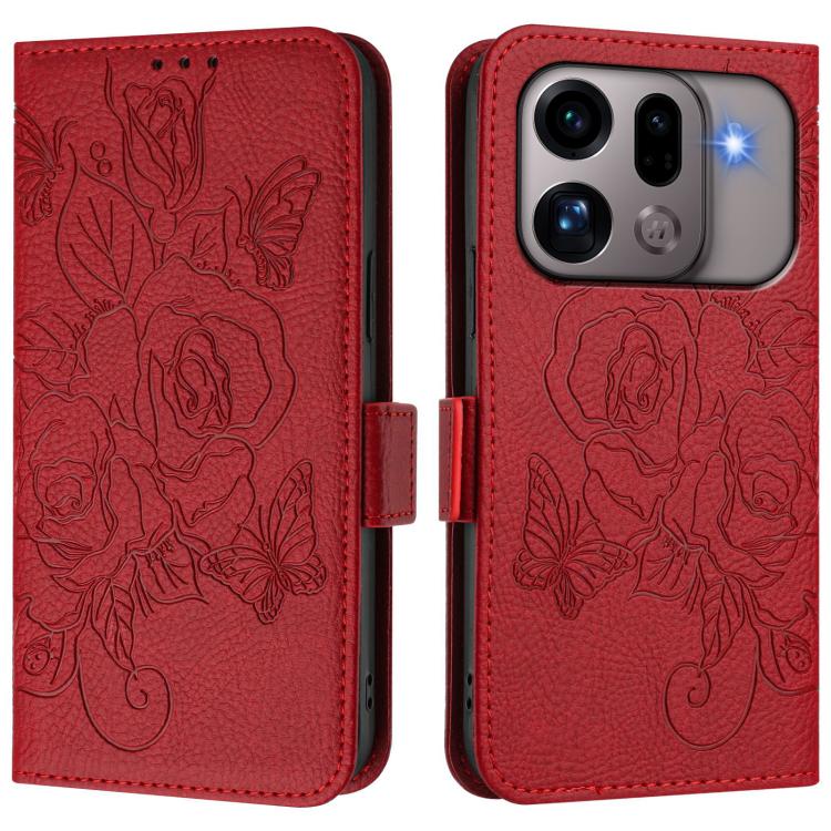 RFID leather phone case with embossed rose design, red flip cover