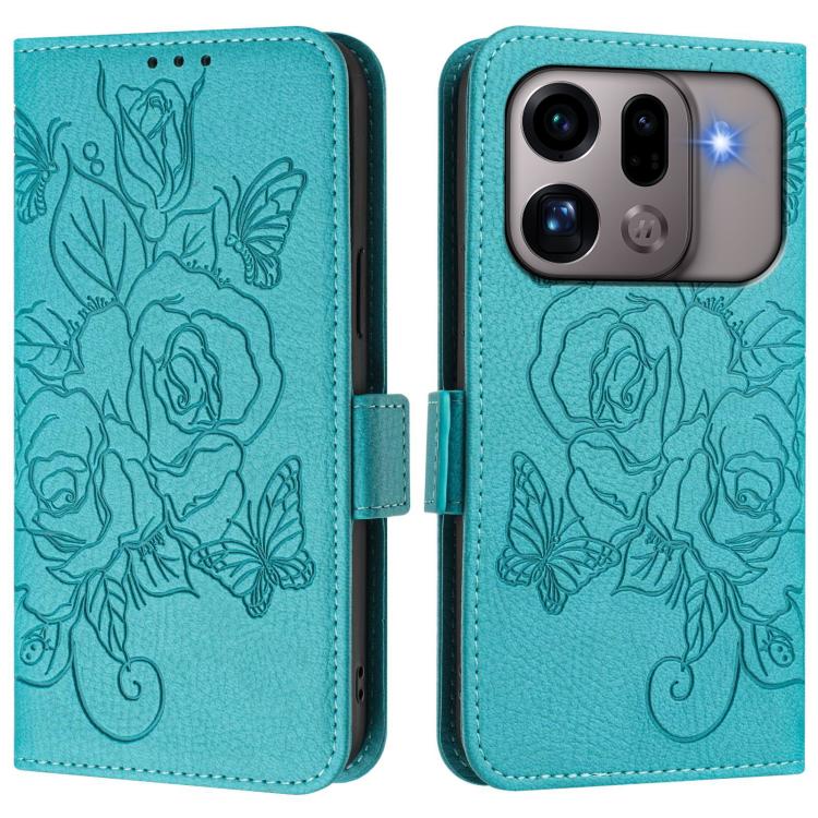 RFID leather phone case with embossed rose design, turquoise blue flip cover