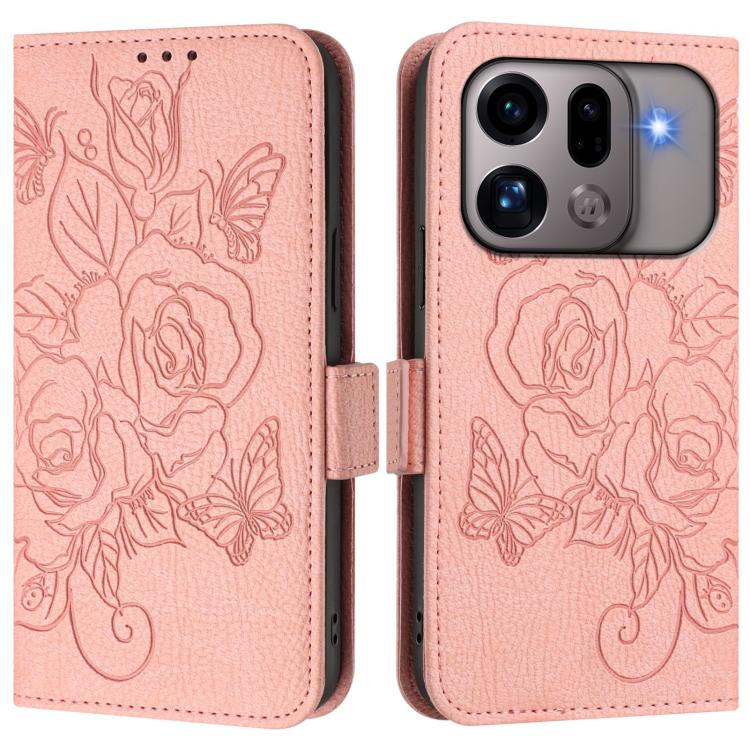 RFID leather phone case with embossed rose design, pale pink flip cover