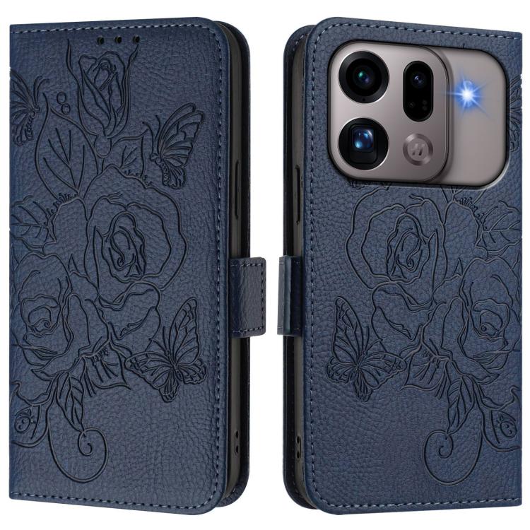 RFID leather phone case with embossed rose design, navy blue flip cover