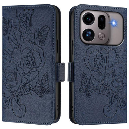 RFID leather phone case with embossed rose design, navy blue flip cover