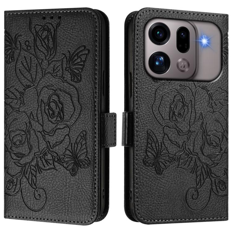 RFID leather phone case with embossed rose design, black flip cover