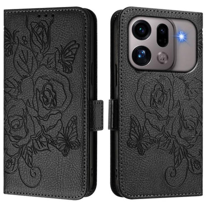 RFID leather phone case with embossed rose design, black flip cover