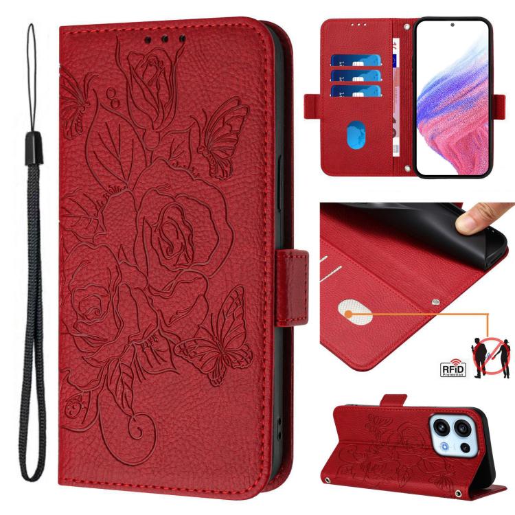Embossed rose RFID leather phone case, red with wrist strap and card slots