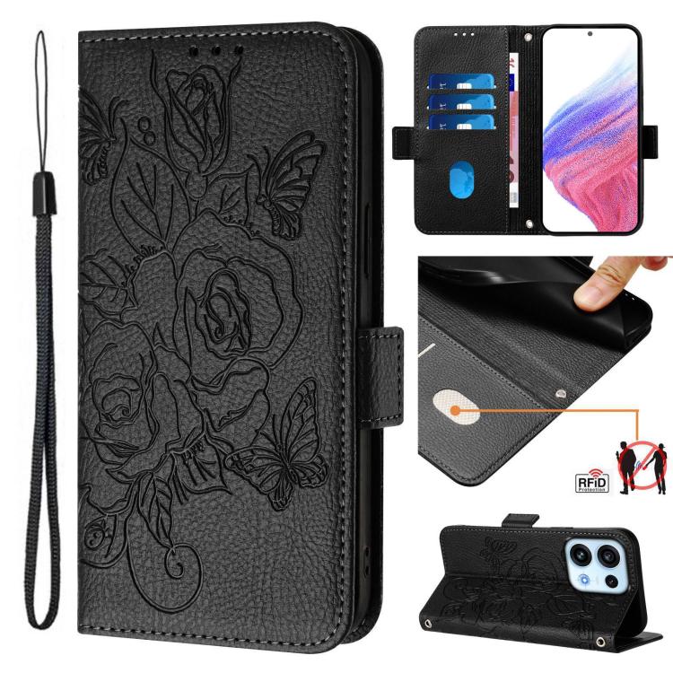 Embossed rose RFID leather phone case, black folio with card slots and wrist strap
