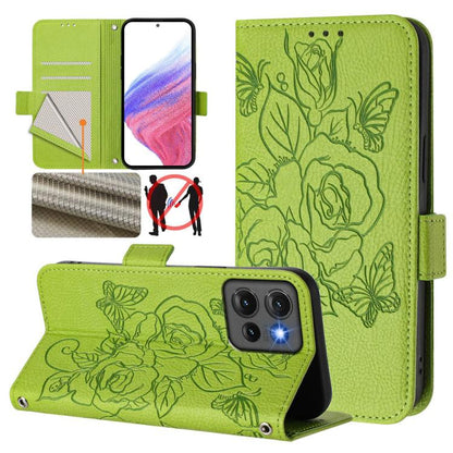 Green leather phone case with embossed rose and butterfly pattern, folio stand cover.
