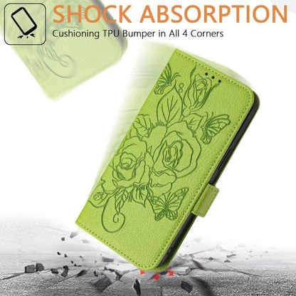 Green leather phone case with embossed rose pattern and protective corner bumper look.