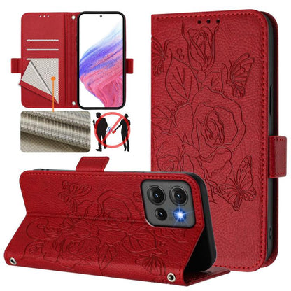 Red leather phone case with embossed rose and butterfly floral pattern, folio cover.