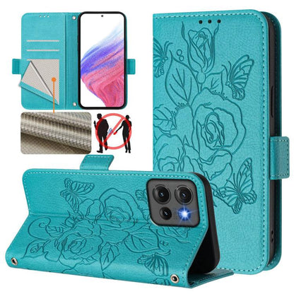 Teal leather phone case with embossed rose and butterfly floral pattern, folio stand cover.