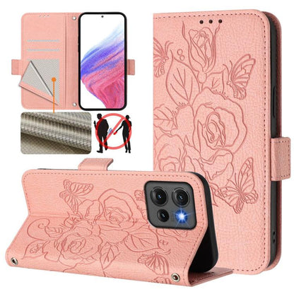 Pink leather phone case with embossed rose and butterfly floral pattern, folio cover.