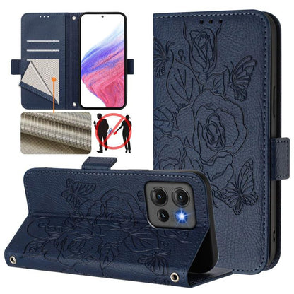 Dark blue leather phone wallet case with embossed rose, RFID, and wrist strap