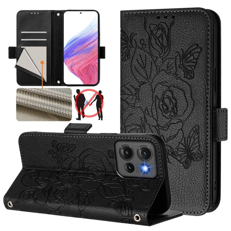 Black phone wallet case with embossed rose, RFID, and wrist strap