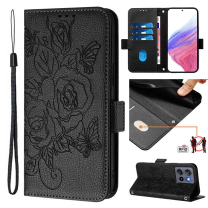 Black embossed rose RFID leather phone wallet case with wrist strap
