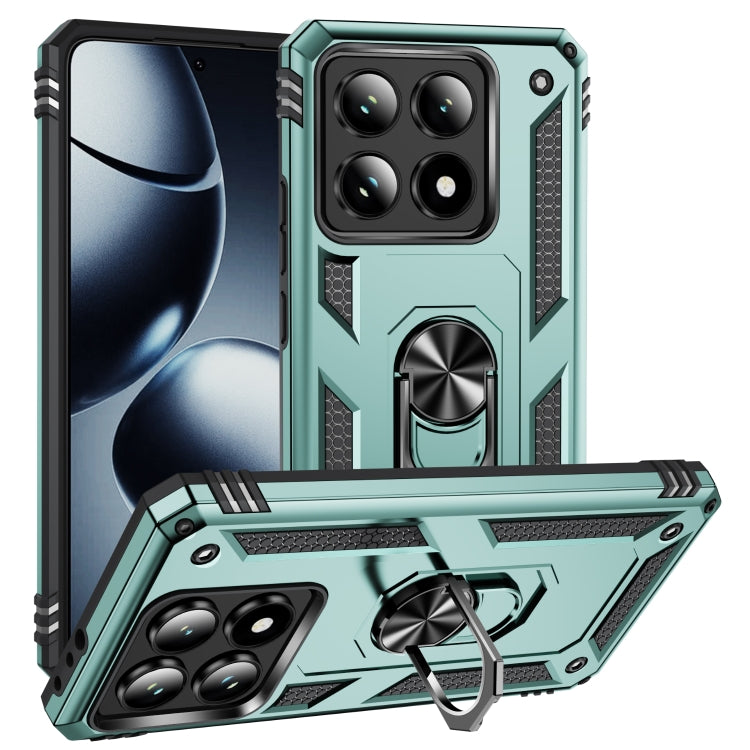 Shockproof TPU/PC phone case with built-in holder, teal green, protective corners