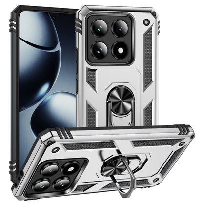 Shockproof TPU/PC phone case with built-in holder, silver, raised camera protection