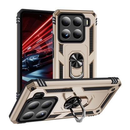 Shockproof phone case with holder ring, gold rugged TPU+PC shell, raised corners