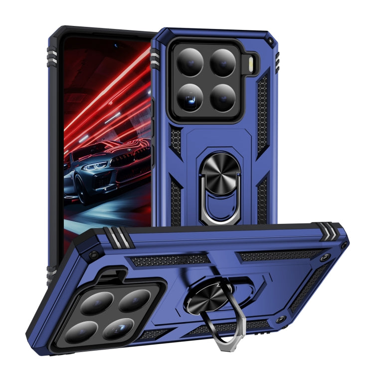 Shockproof phone case with holder ring, blue rugged TPU+PC shell, raised corners