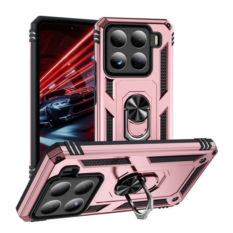 Shockproof phone case with holder ring, pink rugged TPU+PC shell, raised corners