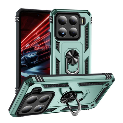 Shockproof phone case with holder ring, dark green rugged TPU+PC shell, raised corners
