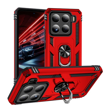 Shockproof rugged phone case with built-in kickstand holder, red TPU and PC