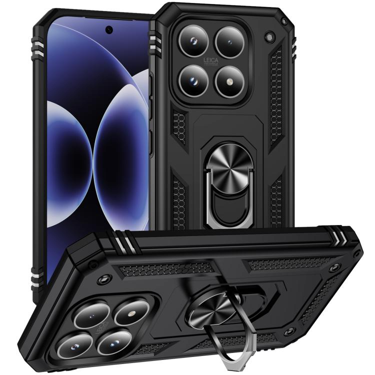 Shockproof rugged phone case with built-in kickstand holder, black TPU and PC