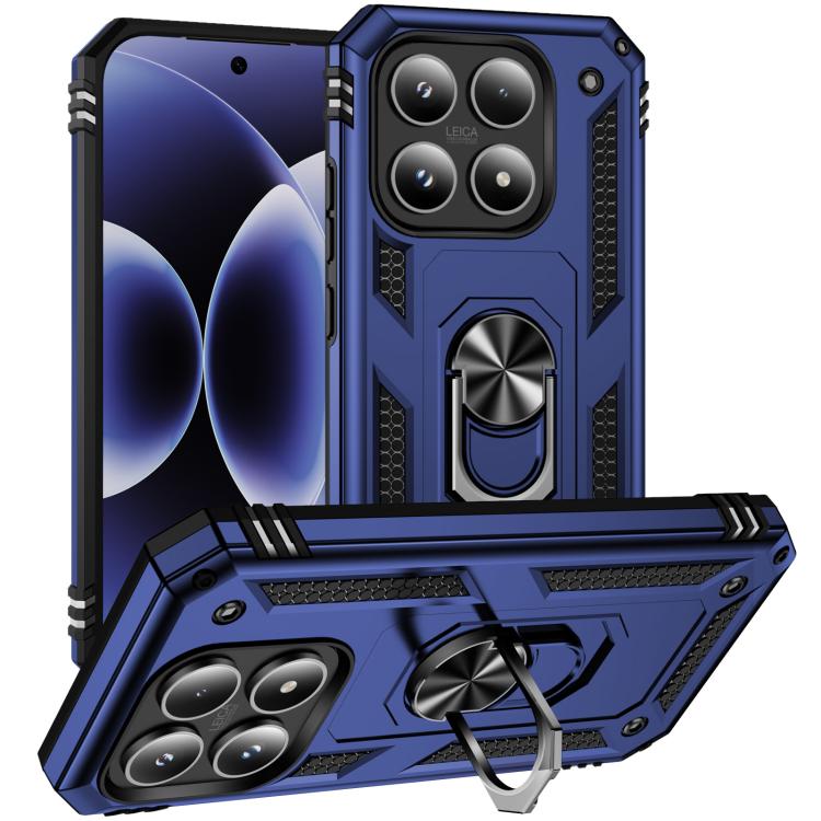 Shockproof rugged phone case with built-in kickstand holder, blue TPU and PC