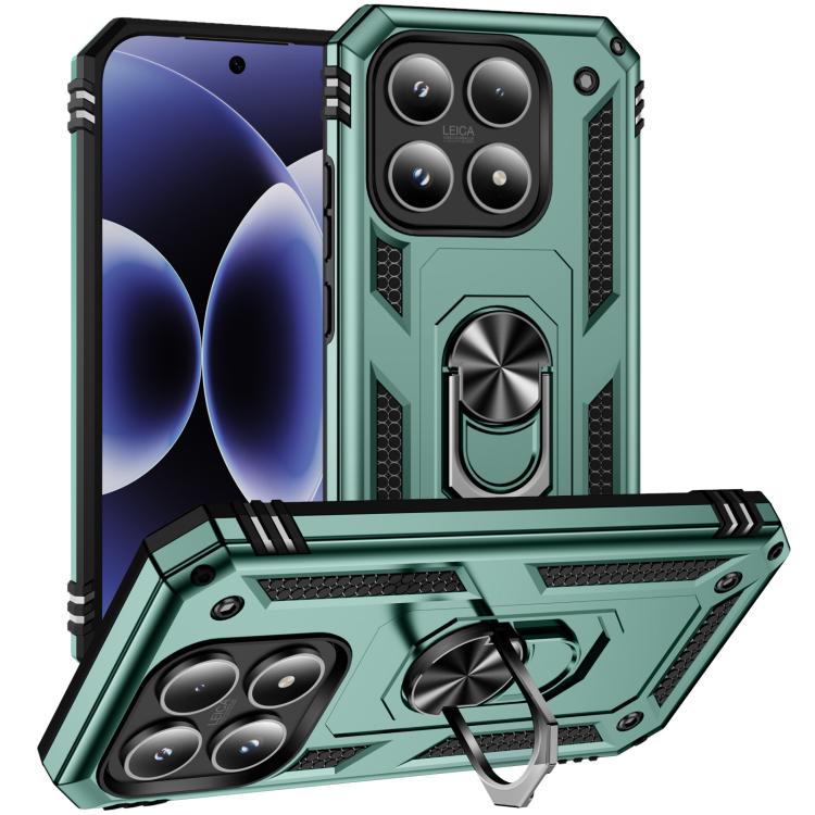 Shockproof rugged phone case with built-in kickstand holder, dark green TPU and PC
